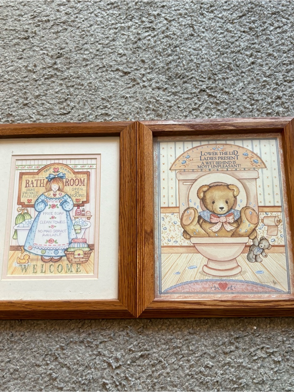 1990s Country Teddy Bear Novelty Bathroom Framed Kitschy 90s Art Picture Doll